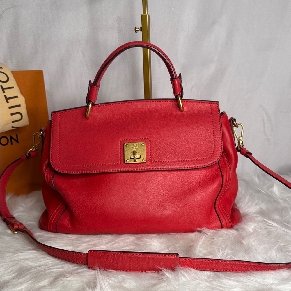 MCM Red Leather Satchel with Gold Hardware